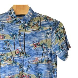 Batik Bay Mens XL Blue Tropical Palm Tree American‎ Flag Rayon Hawaiian Shirt